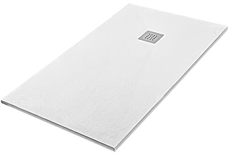Piatto doccia marmoresina con effetto pietra serie Karen, in diverse dimensioni e colori, spessore ultraslim 2,5 cm, riducibile su misura, COMPLETO di griglia in acciaio inox (70x120, Bianco)