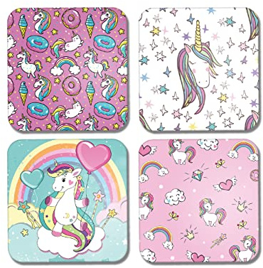 DV DESIGN 4 x quadratische Einhorn-Untersetzer – Cartoon-Muster rosa Sterne Mädchen Kinder Geschenk #77897
