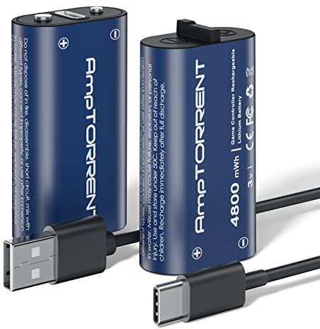 AmpTorrent Xbox Controller Battery Pack and Charger, 2x4800mWh Lithium Xbox Battery Pack Rechargeable for Xbox One/S/X/Elite/Series X|S, Lightweight, Enhances Gaming Experience