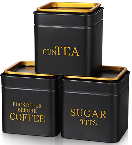 3 Piece Novelty Sugar Tea Coffee Canister Set Gifts Naughty Black Stainless Steel Containers Airtight Metal Coffee Jar with Gold Lid for Home Food Storage Flour Spice Kitchen Decor Cafe Accessories