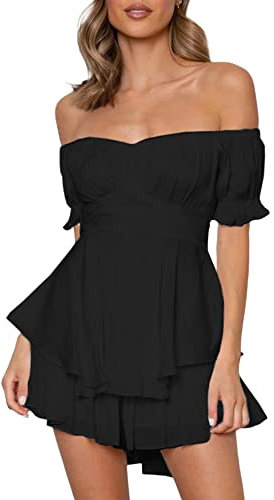 Acrawnni Women Puff Sleeve Dress Off Shoulder Smocked Bodycon Mini Dress Casual Ruched Boat Neck Ruffled A-Line Flowy Short Dress (B-Black, XL)