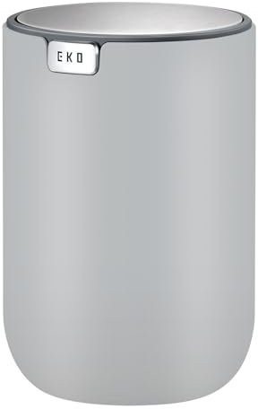 EKO Mini Desk Trash Can with Swing-Top Lid 0.4 Gallon Small Table Round Wastebasket for Office, Home, Car (Grey)