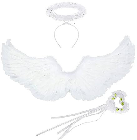 Alas de ángel blancas, disfraz de ángel para mujer con varita mágica y halo, alas de ángel de 60 cm, disfraz para carnaval, Halloween, cosplay, fiesta, disfraces, decoración