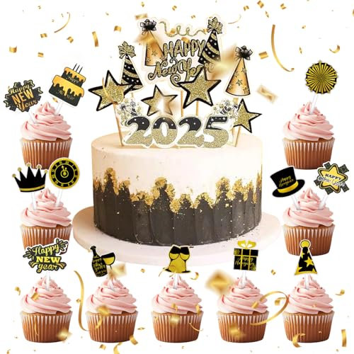 Neujahr Cupcake Topper,Happy New Year Cupcake Topper Glitter 2025 Cake Topper,Schwarz Gold Frohes Neues Jahr Cupcake Toppers für Silvester Party 2025 Thema Party Dekoration Zubehör(20 Stück)