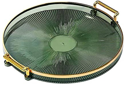 Tiuimk Elegant and Stylish Round Plastic Tray with Gold Rim - Green Striped Tray for Home and Beauty Salon Use