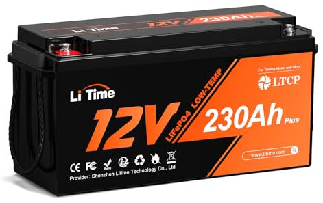 LiTime 12V 230Ah Batteria Litio Lifepo4 con Protezione Basse Temperature e 200A BMS, Massima Energia 2944Wh, Batteria Litio 12V 230Ah per Caravan Barche Storaggio Energetico Domestico Sistema Solare