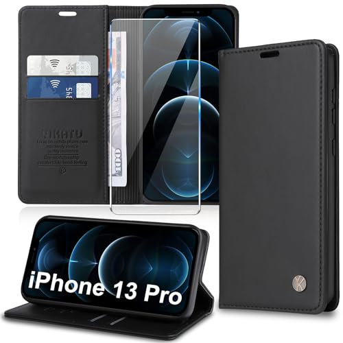 Migexxkj Handyhülle für iPhone 13 Pro Hülle [mit Schutzfolie][Premium PU Leder] Klapphülle Kartenfach Magnetic Ständer Flip Case Cover Etui Tasche Schutzhülle für iPhone 13 Pro 6.1“ (Black)