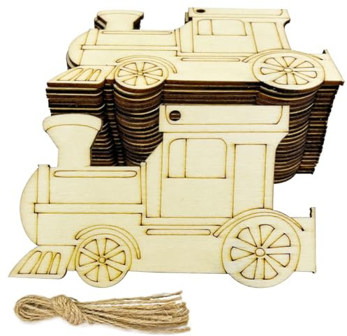 30 Stück unlackierte Zug-Holz-Bastelausschnitte, Holzzug-Form, hängende Ornamente mit Loch, Hanfseile, Geschenkanhänger für Zuhause, Party, Dekoration, Bastelprojekt