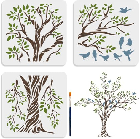 MAYJOYDIY 3 Stück Große Baum Vogelzweig Schablonen 30 x 30 cm Splice Größe Vogel Auf Baumzweig Vorlage Mit Pinsel 78.3 x 78.3 cm Schablonengröße Für Holz DIY Wand Boden Dekorationszubehör