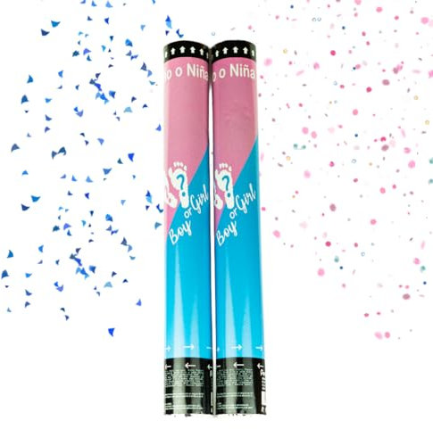 Revelacion genero bebe - Cañon confeti revelacion de genero - 2x AZUL - 2x ROSA - Cañon de confeti para niño o niña - Baby shower - gender reveal (Azul Niño)