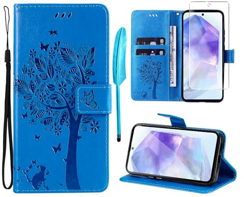 Oududianzi - Coque pour Samsung Galaxy A55 5G [1X Verre Trempé] Étuis Rabat Folio Protection Housse Cuir PU Portefeuille Silicone [Fermeture Magnétique][Emplacements Cartes][Stand Feature] - Bleu