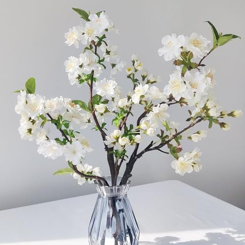 ROLLWAY 3pcs Flores Artificiales Decoracion de Cerezos en Flor Flores de Cerezo Artificiales Ramas Secas Decorativas Interior Exterior para Mesa de Casa Jardinera Balcón (Blanco)