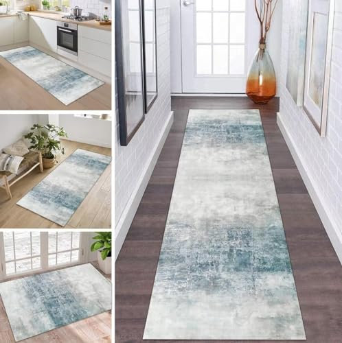 Teppich Läufer Flur Küche rutschfest waschbar Teppichläufer Lang 60X120CM Grau Blau Modern Polyester Küchenläufer Teppich Meterware Korridor Tepiche Esszimmer Eingang Wohnzimmer Schmutzfangmatte