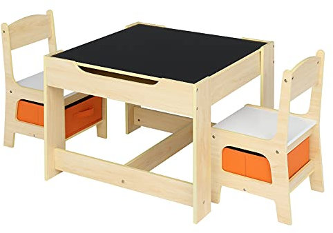 LEADZM Kindertisch mit 2 Stühlen, Kindertisch Maltisch für Kinder 3tlg Kindersitzgruppe aus Holz Kinder Tisch Stuhl Set Malttisch Tischplatte mit Tafel…