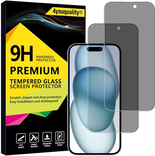 4youquality Privacy Screen Protector for iPhone 15 (6.1-Inch), Anti Spy Tempered Glass Film, 2-Pack, [LifetimeSupport][Anti-Spy][Impact-Resistant][Anti-Scratch]