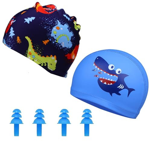 JCUGSBS Bonnet de Bain,Bonnet de Bain,Bonnet de Bain Enfant,Bonnet de Bain Bebe,2pcs Bonnets de Bain pour Enfants Bonnets de Bain Extensibles pour garçons et Filles de 1 à 8 Ans,Motifs de Dinosaures