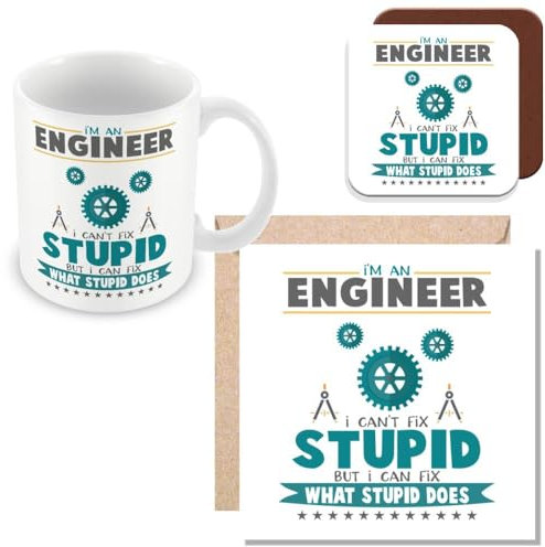 MUGGZ Mug, Card & Coaster Gift for Engineer - I Can't Fix Stupid Bit I Can Fix What Stupid Does - Giftset - Made in The UK