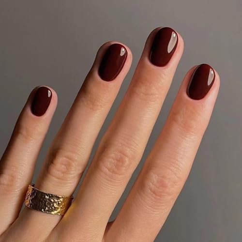 Boloshine 24Pcs Press on Nails Short, Solid Color False Nails Glue on Nails with Gel Stickers, Full Cover Square Fake Nails, Natural Acrylic French Tip False Nails for Women Girls (Wine Red)