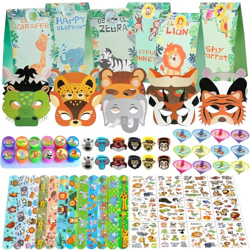NlsqEU Dschungel Party Mitgebsel Set, Tiere Party Mitgebsel, Dschungel Mitgebsel, Tiere Geschenktüten, Kreisel, Ring, Masken, Tattoos Aufkleber, Schnapparmband, Spielzeug Stempel