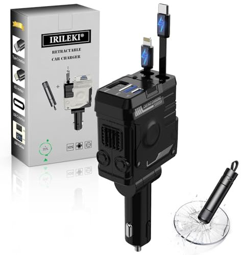 Cargador de Coche Retractil, 4 en 1 USB Carge Rapida Cargador Automóviles Adaptador Mechero Coche Compatible con iPhone/Galaxy/Google, con 2 en 1 Martillo Emergencia Coche (Negro)