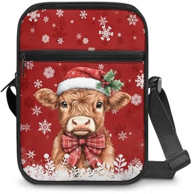 KUIFORTI Umhängetasche für Damen und Mädchen, niedliche Schultertasche, Handtasche, Reißverschluss, kleine Kuriertasche, Lustige Kuh mit Weihnachtsmotiv, Einheitsgröße