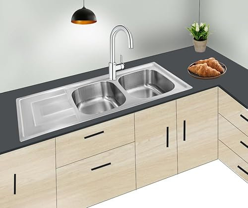 Omeere, 116 x 50 x 18 cm, fregadero de cocina grande, acero inoxidable 304, grosor del material 0,8 mm, fregadero, fregadero, fregadero empotrable, cuadrado 2 senos, (estante izquierdo)