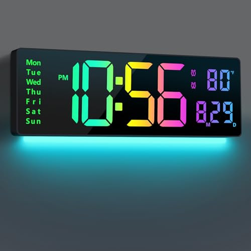 Digital Wall Clock Large Display 16, Digital Clock with 11 RGB Colors Changing Remote Control, LED Clocks with Night Lights for Living Room Bedroom Office Classroom Decor, Auto DST (Multicolor)