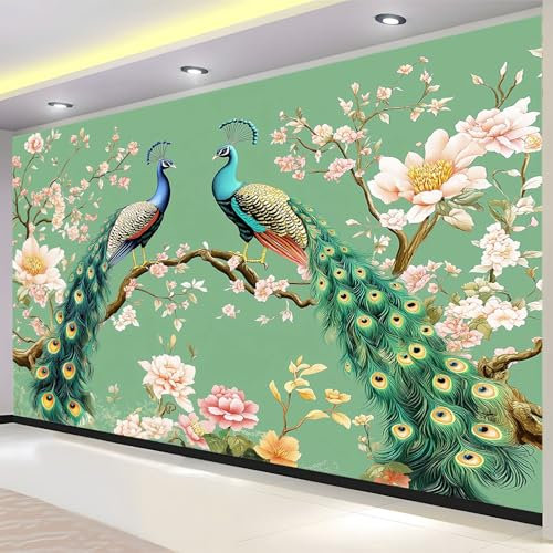 PLEETS Green Wall Murals for Bedrooms 250 x 175 cm Chinese Style Flower Tree Peacock Wallpaper Mural Print Non-Woven Photo Wallpaper Living Room Office Corridor Decor Murals Modern Wall Decoration