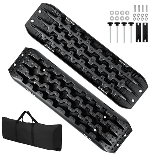 Fiqops 2x Anfahrhilfe mit Aufbewahrungstasche und Installationstool, Traktionsmatte Kunstoff Recovery Board Tracks,Reifenleiter für Sand/Schlamm/Schnee,10T Last für Geländewagen Wohnmobil PKW LKW