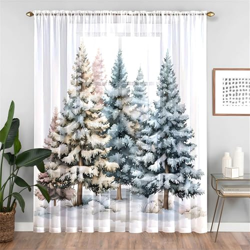 Odot Weihnachten Halbtransparente Vorhänge, 3D Drucken Voile Vorhang Stangentasche Gardinen Vorhang Ösenvorhang 2 Stück Fensterschal Vorhänge Fenster (W 132 x H 183cm,Winter D)
