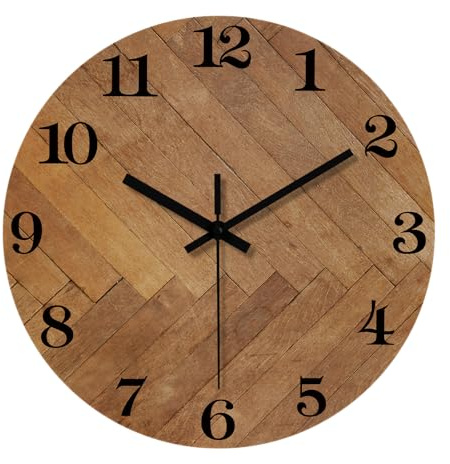 Constantplanet 14 Inch Wooden Brown Wall Clock Battery Operated | Analog Round Rustic Decorative Wall Clock for Living Room Bedroom Office Bathroom Kitchen Silent Non-Ticking