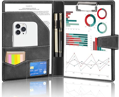 NOTEZMATE Klemmbrett A5 Leder, Klemmbrettmappe DIN A5 Schreibmappe, Konferenzmappe mit Dokumentenfächern, Stiftehalter und Magnetverschluss (Schwarz)
