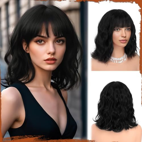 Sofeiyan Kurze Gewellte Bob Perücke mit Pony Damen 30 cm Schwarz Synthetische Perücke für Frauen Natürliche Lockige Perücke für Cosplay Alltag Party Halloween