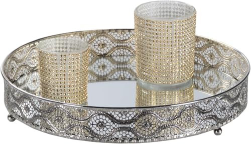 Dekorative Tabletts, Spiegeltablett, Tablett, Dekotablett Make up Organizer, Kerzentablett, Schmuckspiegel, Kosmetikspiegel - Metall/Spiegel - Geschenkidee (Ø26 cm Simon Silber)