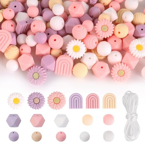 OCCOUMR 112 Stück Blumenförmige Silikonperlen Set, Gänseblümchen Bastelperlen, Rund Lose Bastelperlen mit Nylonseil für DIY Schmuck, Schlüsselanhänger, Armbänder