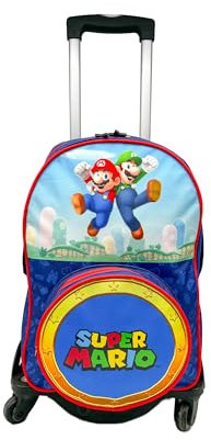 TOYBAGS Schulrucksack Super Mario – verstellbares Doppelfach + schwarzer Trolley mit seitlichem Schutz und Stopper vorne gegen Sturz, 4 Lenkrollen, 45 x 32 x 20 cm