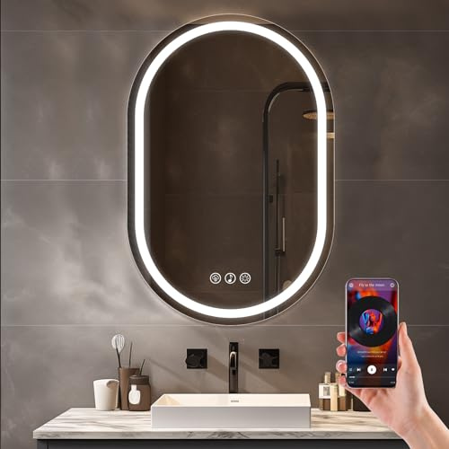 Ratsamee Bluetooth LED Bathroom Wall Mirror with LED Lights - 600x900mm Anti-Fog Vanity Mirror, 3-Color Dimmable Frontlit Illumination for Makeup, Wall Mounted Bathroom Lighting