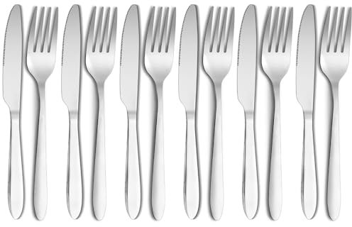 12 Piece Knife and Fork Sets, Stainless Steel Cutlery Set, Steak Knives and Forks, Dishwasher Safe and Mirror Polished