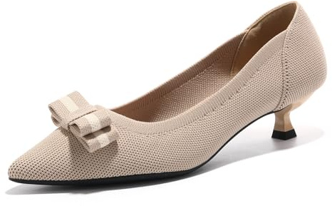 ZYXWVU Women's Kitten Heel Shoes Pointed Toe Bow Knit Pumps Shoes | Comfortable Slip On Dress Shoes Ladies' Court Shoes Low Kitten Heels for Wedding Party