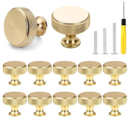 12 Pack Gold Knurled Drawer Knobs, Gold Cabinet Knobs Single Hole Round Wardrobe Knob Kitchen Hardware Cupboard Knob with 36 Screws Handles for Drawer Dresser, Cupboard and Wardrobe (Gold Knurled)