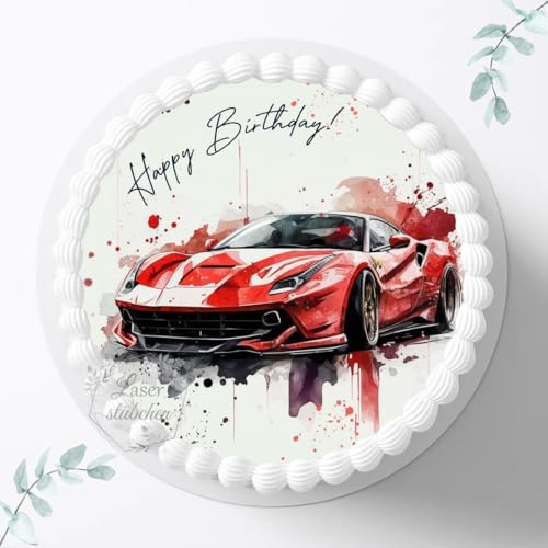 Tortenaufleger Rennwagen zum Geburtstag, Rennauto, Sportwagen rot, ⌀20cm Zuckerbild, Foto Ferrari für Torten, Fondant für Kinder 3024GU