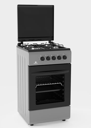 Cucina A Gas 4 Fuochi Con Forno A Gas 50 x 50 cm Colore Grigio e Nero Con Coperchio, ROBUSTA A