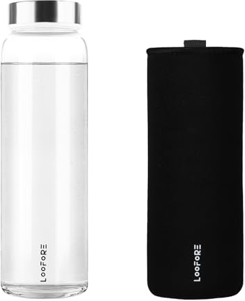 LOOFORE Glass Water Bottle 1000ml 1L with Wide Mouth and Neoprene Sleeve | Reusable, Bpa Free, Eco Friendly, Leakproof, Borosilicate Glass Drinking Bottle for Fitness, Sports & Workout, Daily, 1 Pack