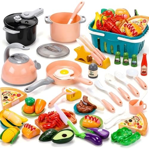 CUTE STONE Kids Kitchen Playset, 45PCS Pretend Cooking Toy Set with Play Pots & Pans, Pressure Cooker, Play Food, Cooking Utensils & Shopping Basket
