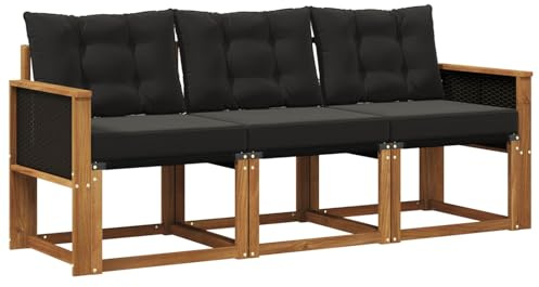vidaXL Outdoor-Sofagarnitur mit Kissen 3 pcs Natürlich und Schwarz, Gartenmöbel, strapazierfähiges Outdoor-Sofa, Loungeset für die Terrasse, Komfort beim Sitzen