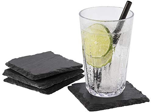 APS Assiettes en ardoise naturelle 10x10cm, lot de 4 - Dessous de table/verre carrés en ardoise avec pieds antidérapants