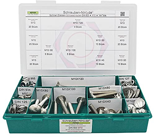 Sortiment M10 DIN 603 Edelstahl A2 (V2A) Flachrundschrauben mit Vierkantansatz (Schlossschrauben) - Set mit Schrauben, Scheiben (DIN 125, 127, 9021) + Muttern (DIN 934, 985) - 144 Teile