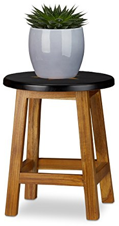Relaxdays Tabouret Étoile Table d’appoint Porte-Fleurs Support Bois Porte-Plantes déco 4 pieds bois de teck HxlxP 35x30x30 cm, nature/noir