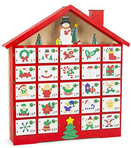Small Foot Company Holzkalender, das Haus ist beleuchtet und bemalt in Details, mit bunten Weihnachtsmotiven, 24 Schubladen bieten reichlich Platz für kleine Geschenke in der Adventszeit Dekorationen, mehrfarbig, Einheitsgröße
