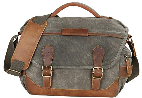 Neuleben Wasserdicht Kameratasche für DSLR Objektiv Vintage Fototasche aus Canvas Leder Umhängetasche mit Einsatz (Grün)